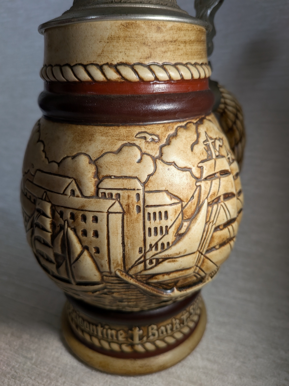 AVON 1977 Ornate Ceramic Beer Stein with Pewter Lid - Tall Ships,Ivory and Brown - Picture 10 of 16